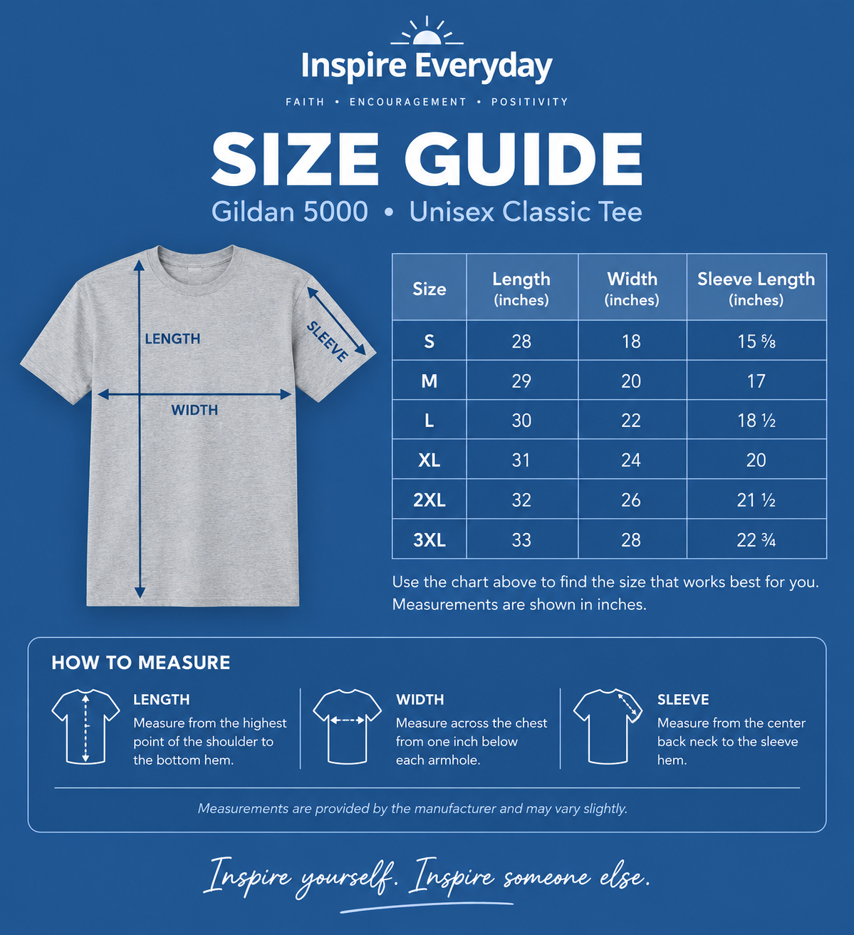 Gildan 5000 unisex classic tee size guide with S through 3XL measurements
